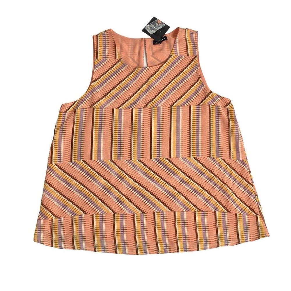 Pleione Top Womens M Orange Retro Striped Chiffon Lined Sleeveless‎ Tank Blouse